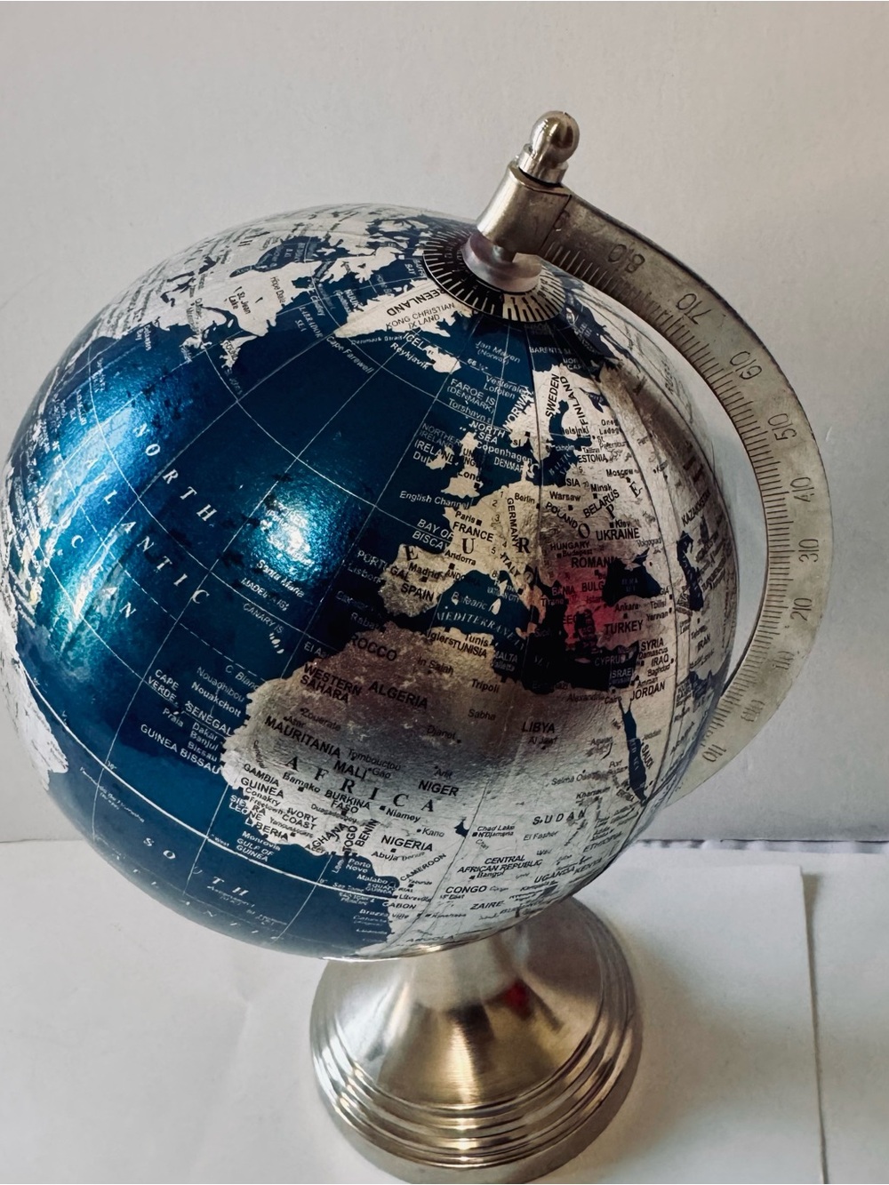 Blue Metallic World Globe Desk Decor with Metal Stand 13 Inch Rotating Earth Map - Picture 2 of 7
